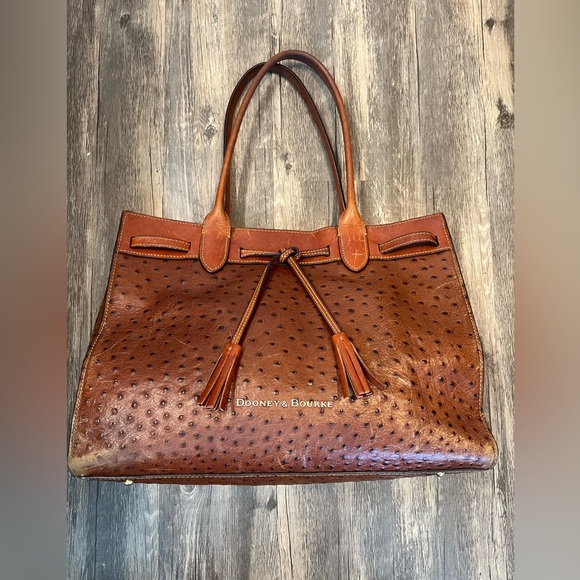 Dooney & Bourke Handbags - Dooney & Bourke Ariel Ostrich Leather Tote with Tassels in Cognac Magnetic Top